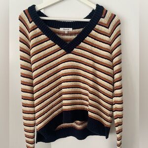 Madewell 100% Cotton Striped V-Neck Sweater in Navy, Cream, Orange, and Coral